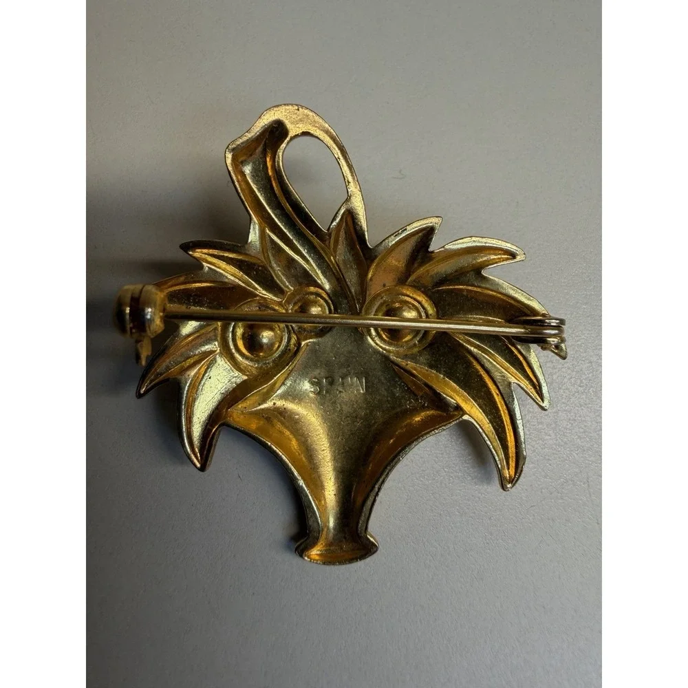 Vintage Spain Damascene Basket Brooch Faux Pearls Gold Silver Black Enamel